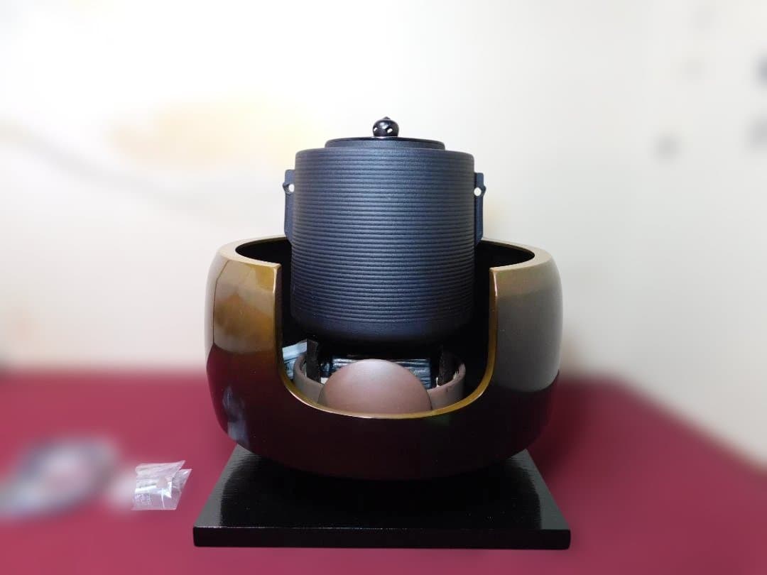 ☆合金面取風炉 さびない糸目筒釜 釜環 電熱器 敷板 前瓦香入れフルセット送料込