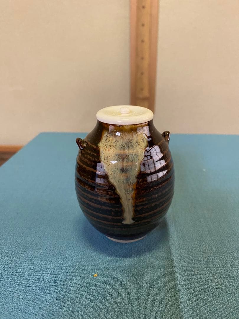 茶道具/茶入 古膳所写耳付茶入 陽炎園(岩崎新定) 西陣織 共箱