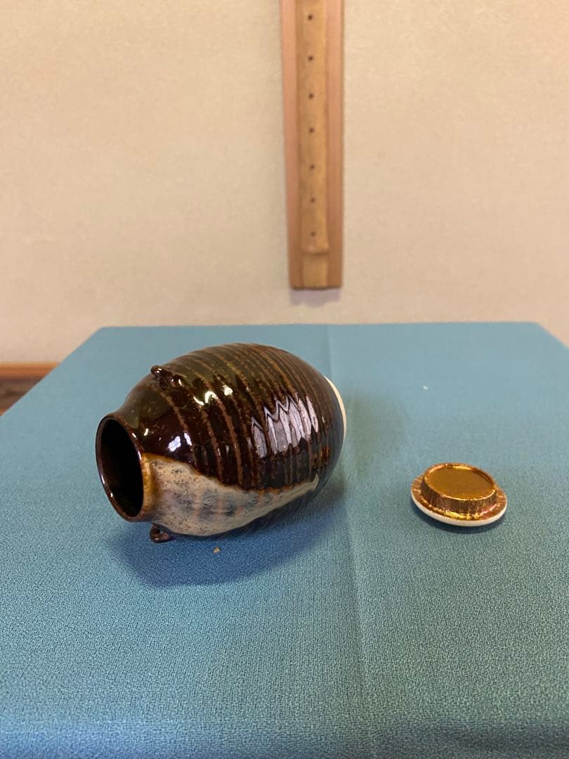 茶道具/茶入 古膳所写耳付茶入 陽炎園(岩崎新定) 西陣織 共箱