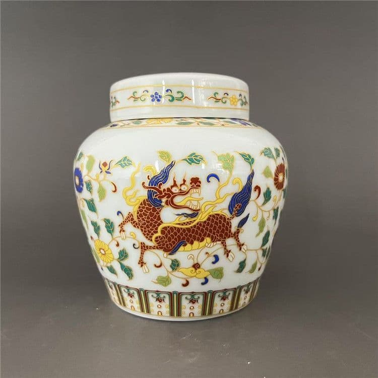 闘彩麒麟紋茶筒 景徳鎮 陶磁器 装飾品 現代工芸品 美術品 置物