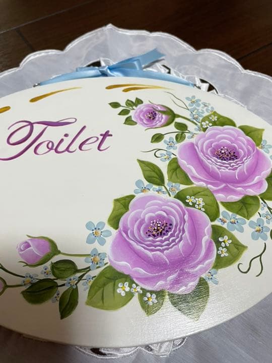 トールペイント　作品　紫の薔薇柄　toiletボード