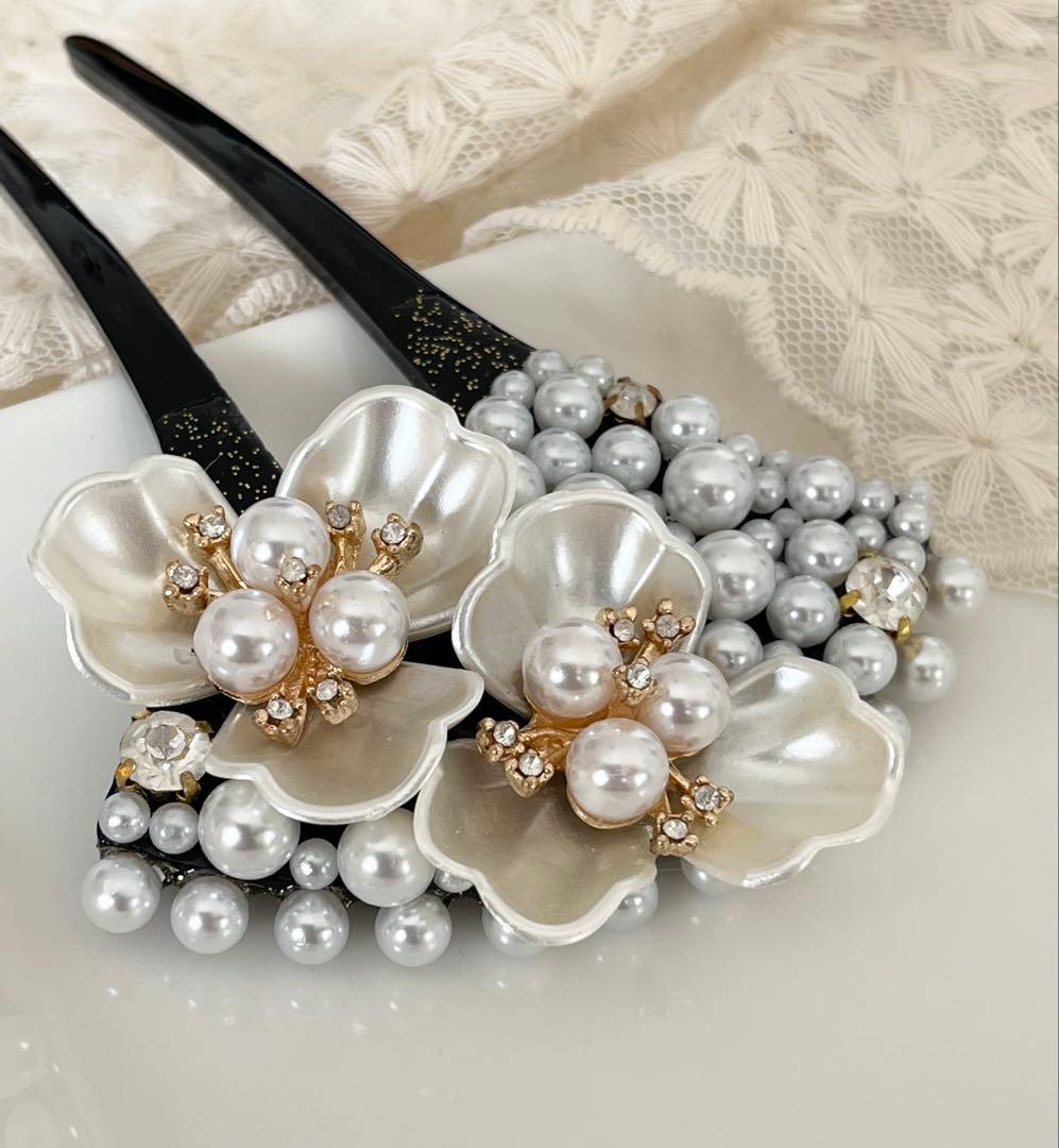 パール×花びら ハンドメイド バチ型かんざし 二本軸 和装髪飾り フォーマル