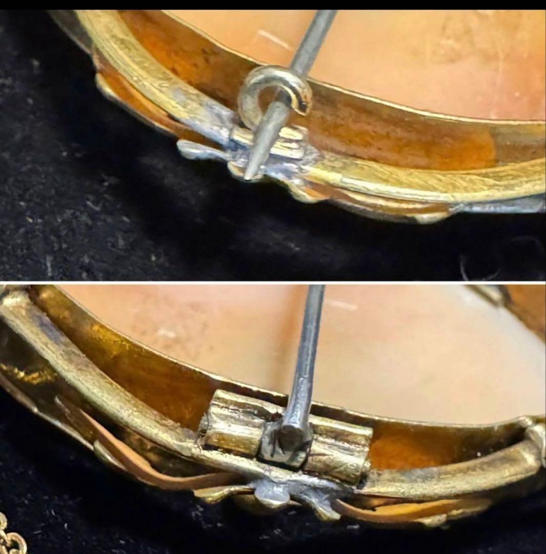 1800年代後半　フランス　アンティーク　シェル　カメオ　合金枠ブローチ
