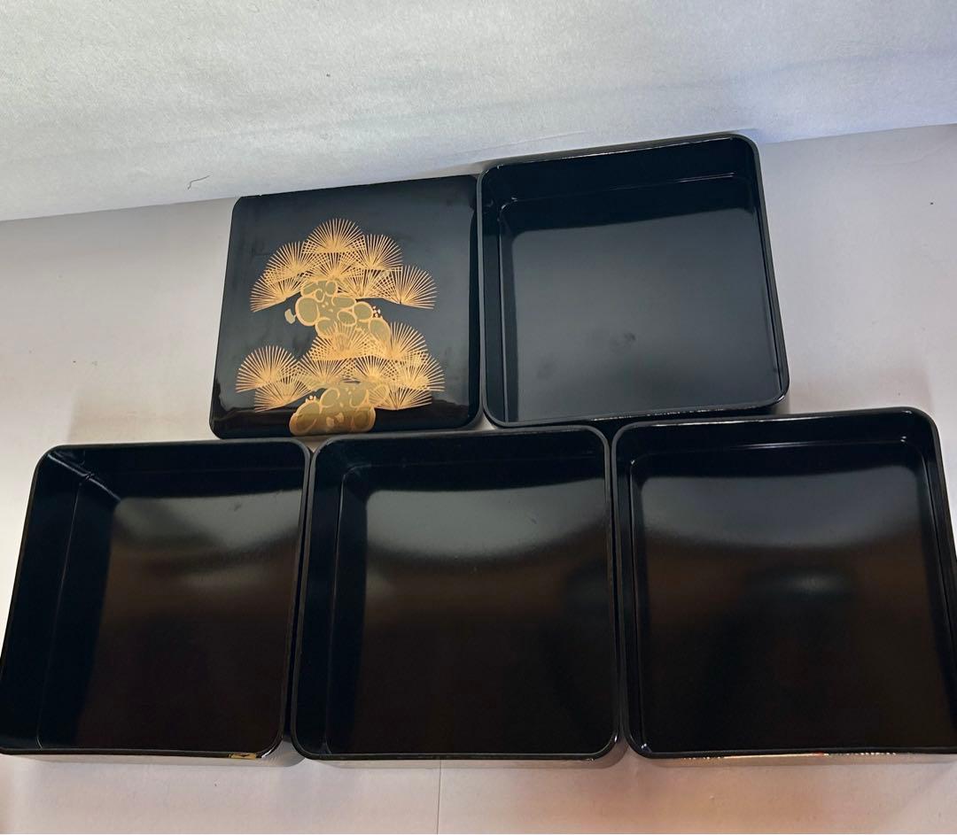 会津塗 屠蘇器 六つ揃 本松クリ足 金泥 金蒔絵 お正月 重箱 骨董 箱入 美品