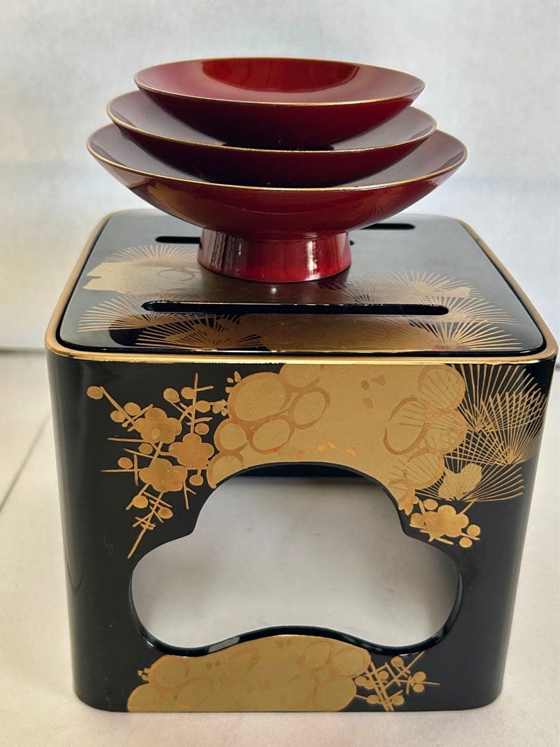 会津塗 屠蘇器 六つ揃 本松クリ足 金泥 金蒔絵 お正月 重箱 骨董 箱入 美品