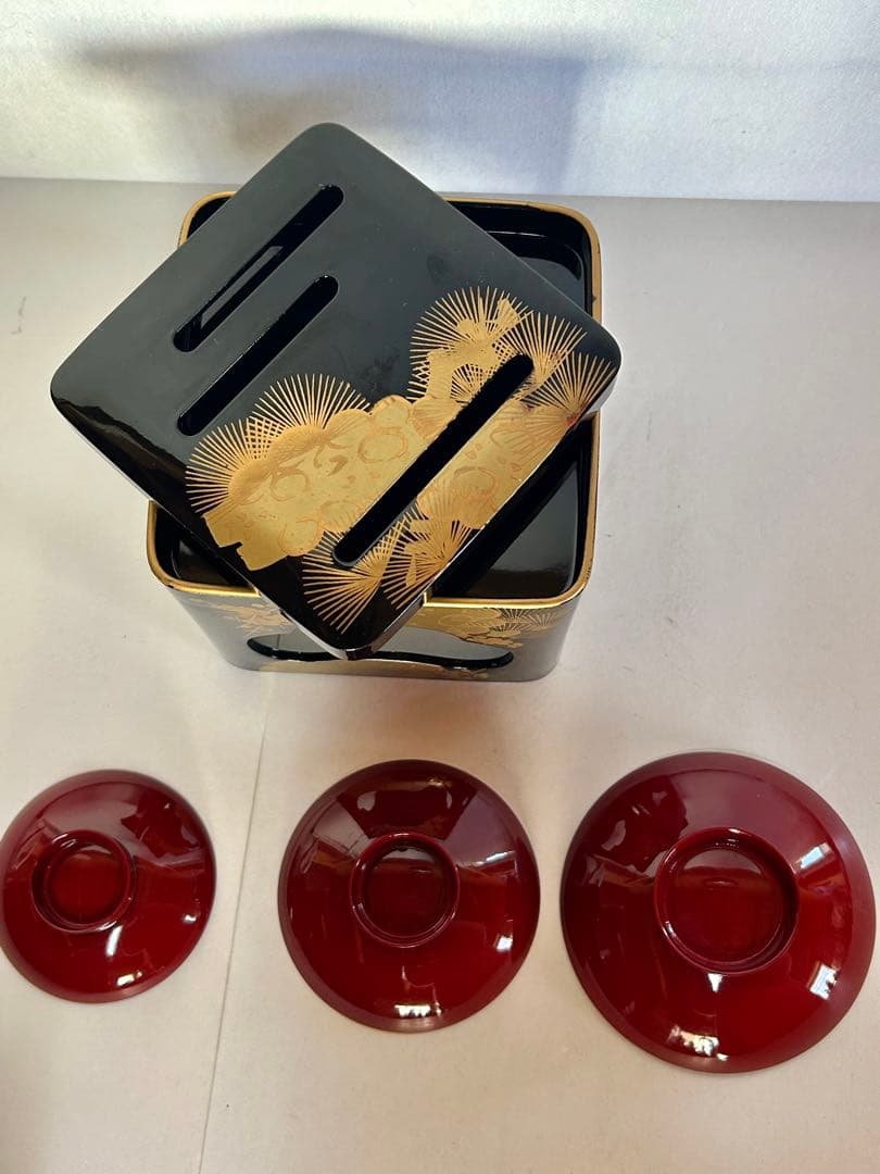 会津塗 屠蘇器 六つ揃 本松クリ足 金泥 金蒔絵 お正月 重箱 骨董 箱入 美品