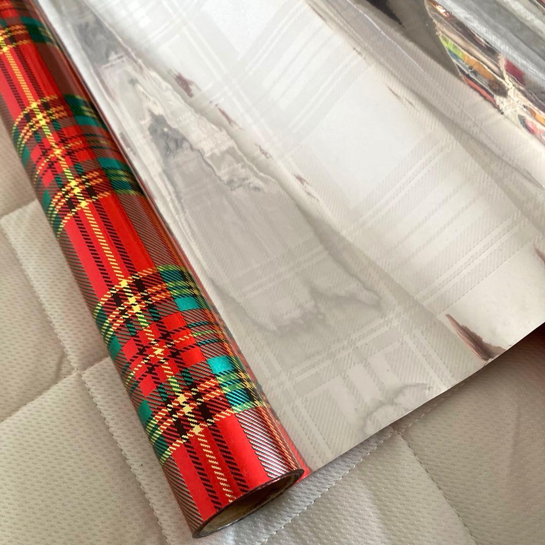 クリスマス　ラッピングペーパー  3巻　タータンチェック　銀　赤　金　緑　包装紙