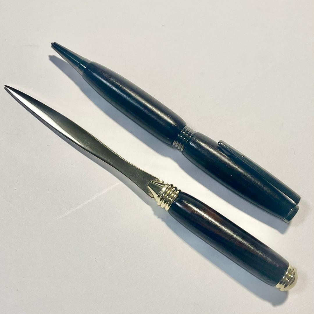 黒檀軸 ボールペン&ペーパーナイフセット　日本製手作り　(ケース付き未使用新品)
