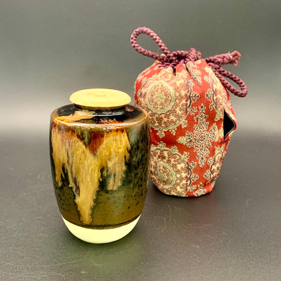 【京都清水焼 平安景山作／桶谷定一作】大海茶入 肩衝茶入 仕覆付 茶道具