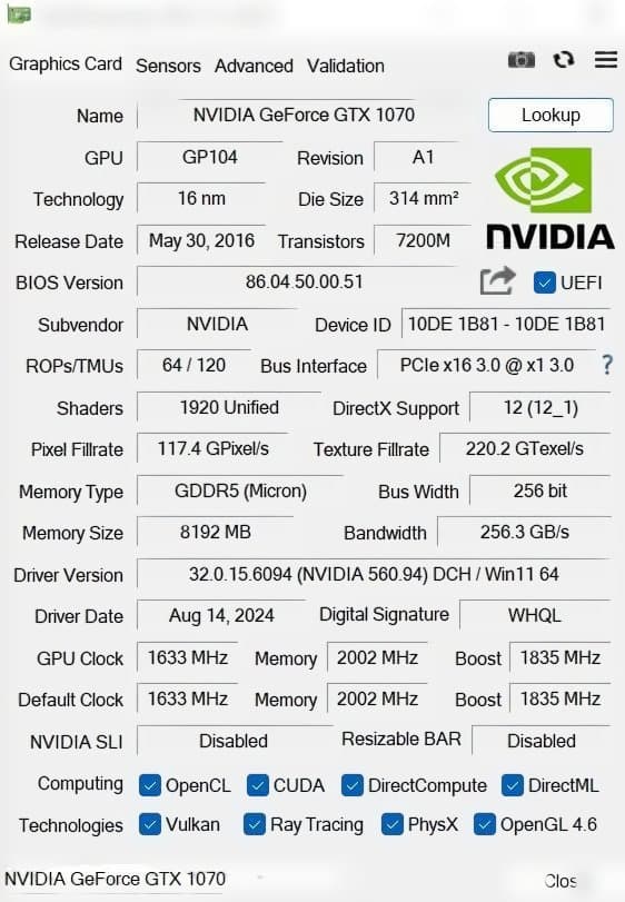 GTX1070 8GB Palit JetStream 起動確認 現状品