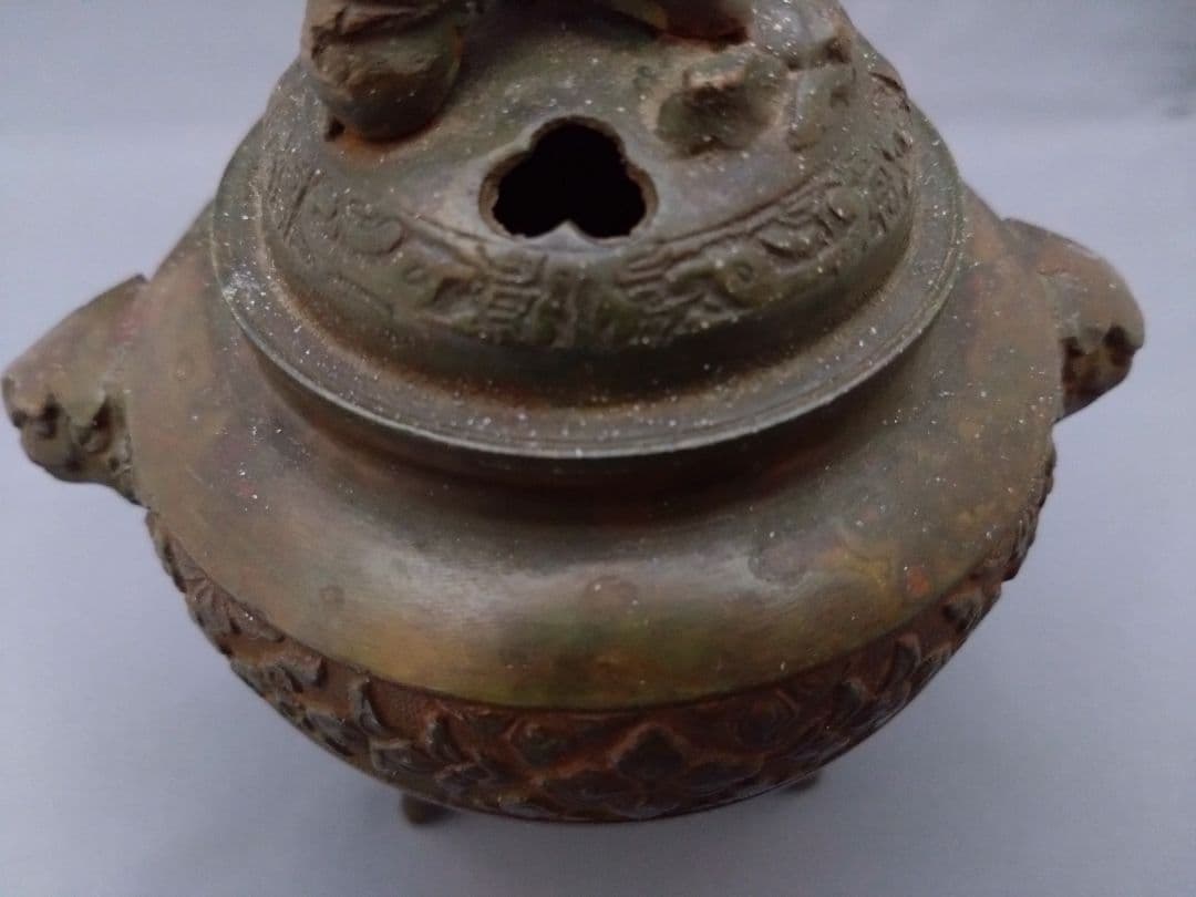 ​【骨董】獅子 香炉蓋付 三つ足 古銅　彫刻 伝統工芸品 時代物 古美術