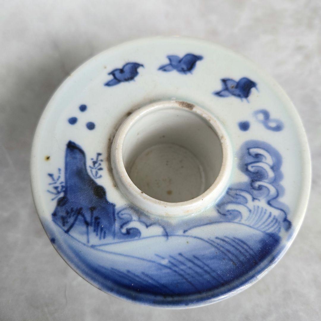 古伊万里 染付 盃台 杯台 千鳥 波千鳥 江戸時代 骨董 アンティーク 金継ぎ