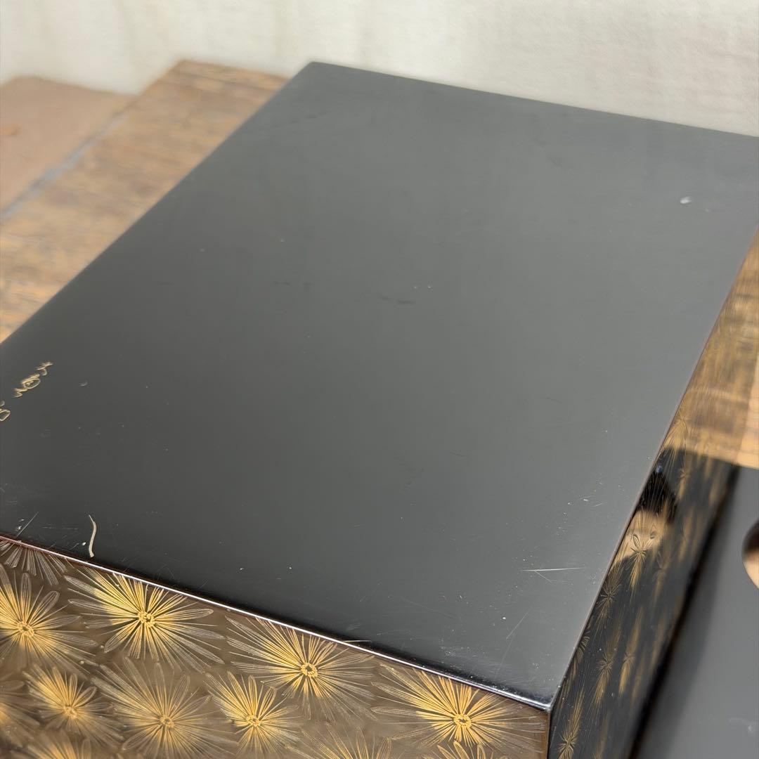a855 送料込 輪島塗 沈金 菊模様 利休茶箱 在銘 共箱 茶道具 蒔絵