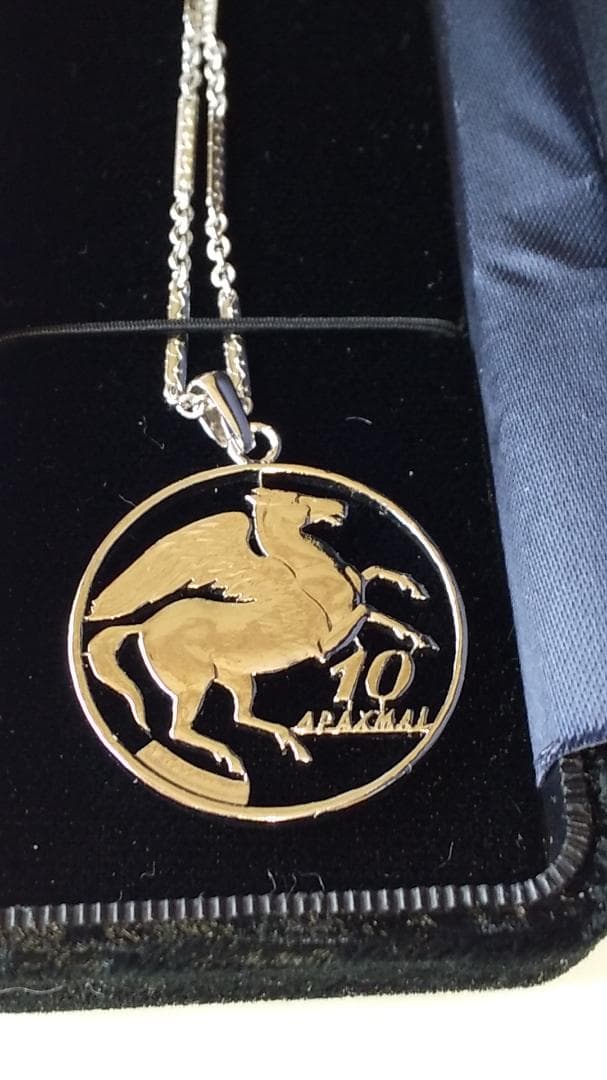 ギリシャ ペガサス 10ドラクマ カットアウト  ネックレス 銀鍍金 新品