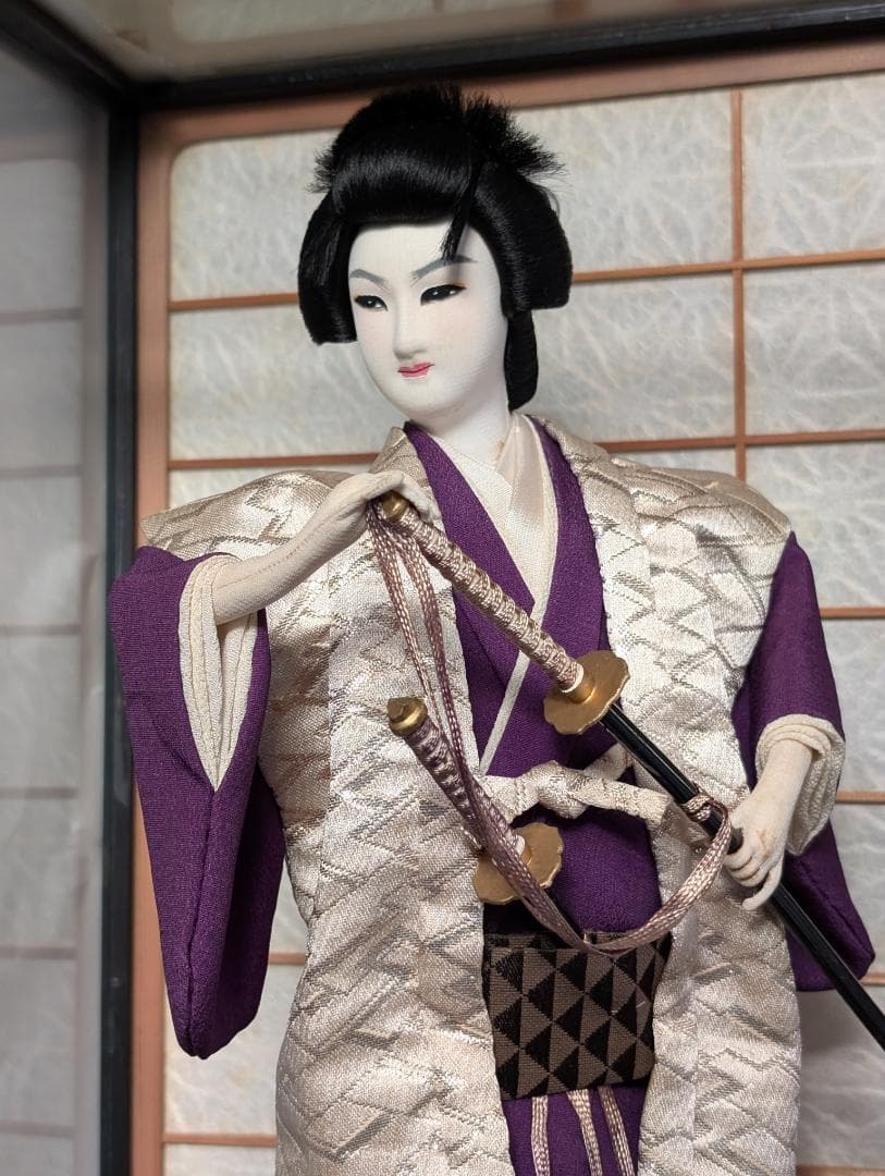 和人形 2体セット｜衣装着 日本舞踊・武家姿｜ガラスケース入り 昭和レトロ