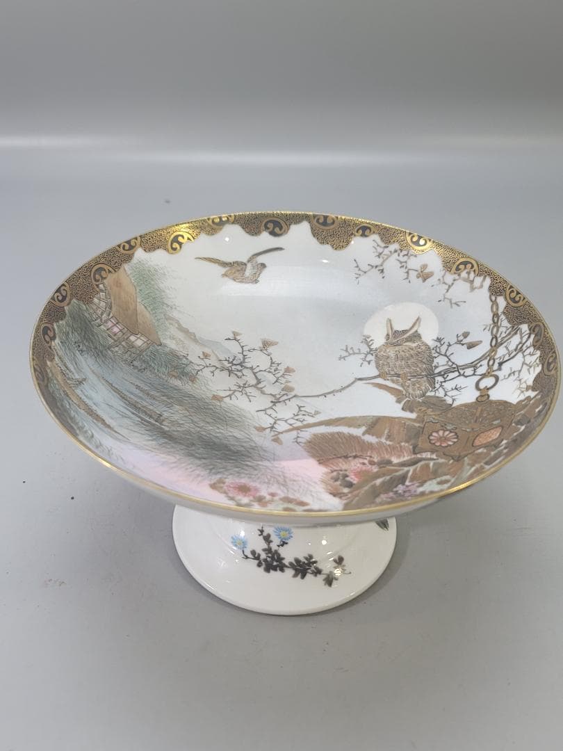 明治 九谷 金彩 草花鳥梟細密画 高碗 超絶技巧 美品 DT803