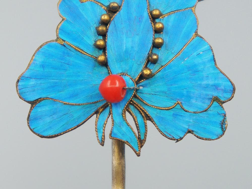 【繍】　★ 織繍 打籽繍花魚紋挽袖裁片 ★　清時代　金魚花卉 刺繍文様　明清繍品