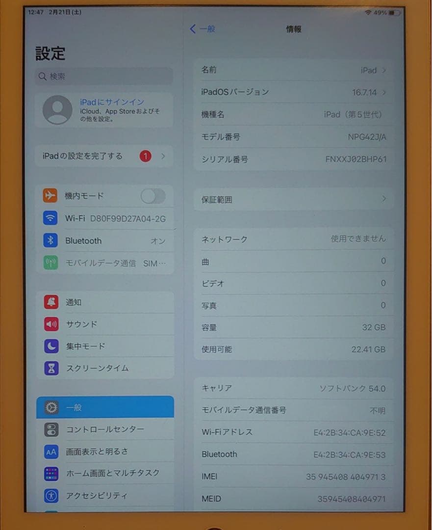 FNXXJ完動品SIMフリーiPad第5世代(A1823)本体32GB送料込