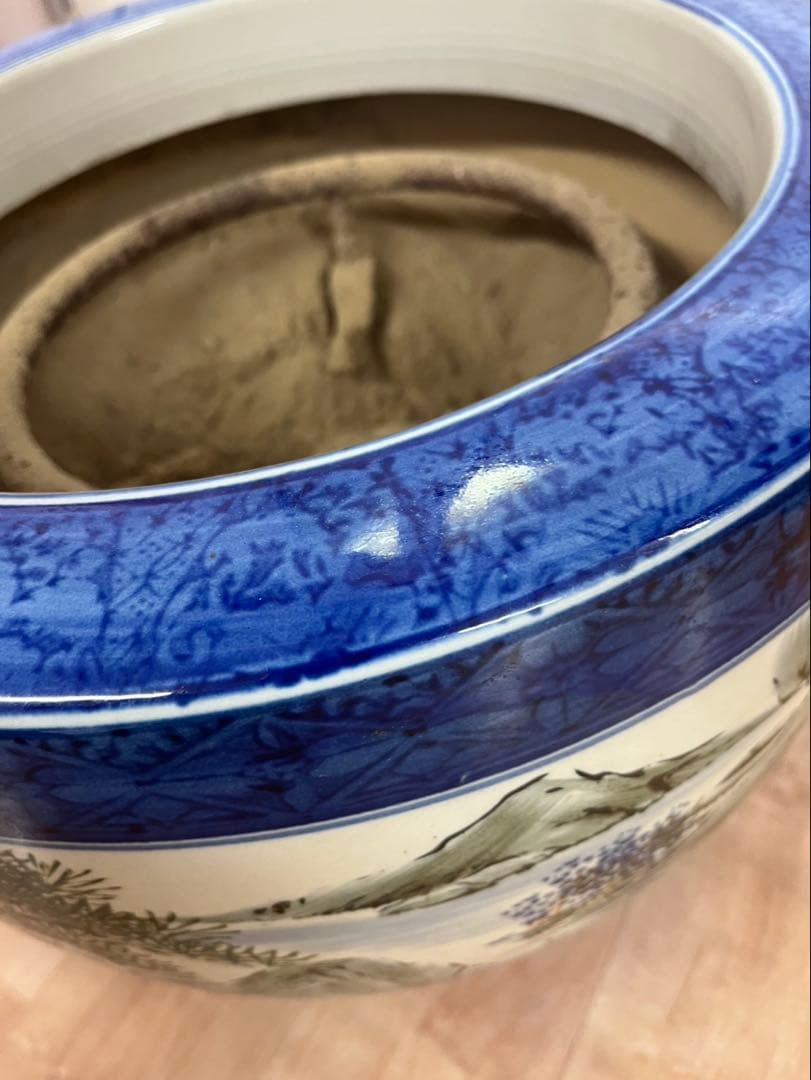 青と白の山水画 陶器火鉢骨董品　陶器火鉢　昭和レトロ　山水画　灰つき　五徳つき