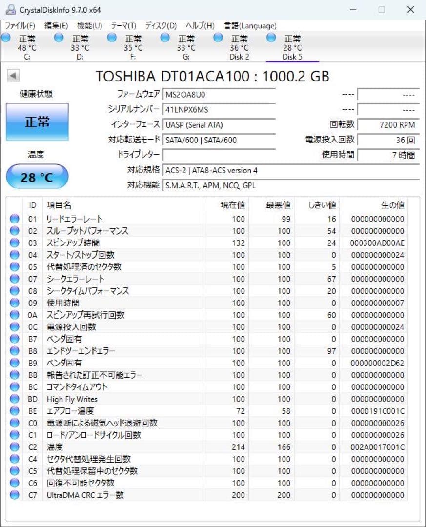 内蔵型ハードディスクドライブ TOSHIBA DT01ACA100 1TB HDD 7200RPM