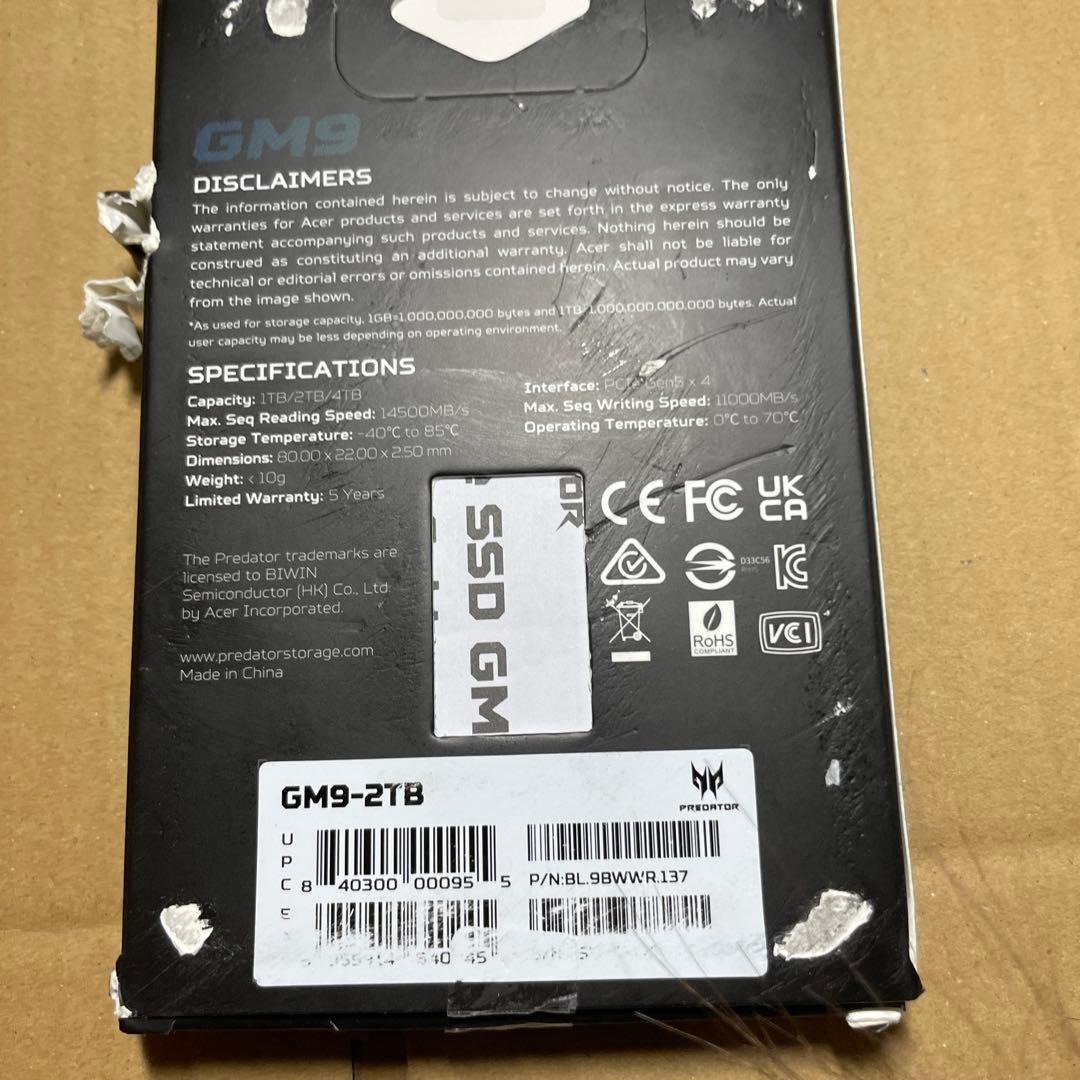 内蔵型SSD Acer Predator Gen5 M.2 SSD 2TB GM9