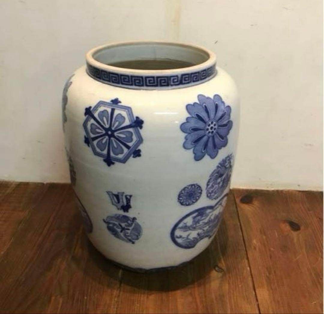 美品　陶器　焼物　当時物　花瓶　絵柄や模様が可愛い　フラワーベース　藍