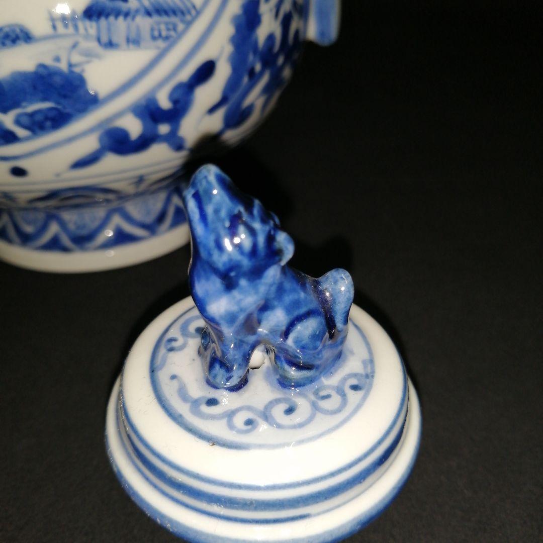 美品　古伊万里　染付山水　角福　手書き　水差し　アンティーク