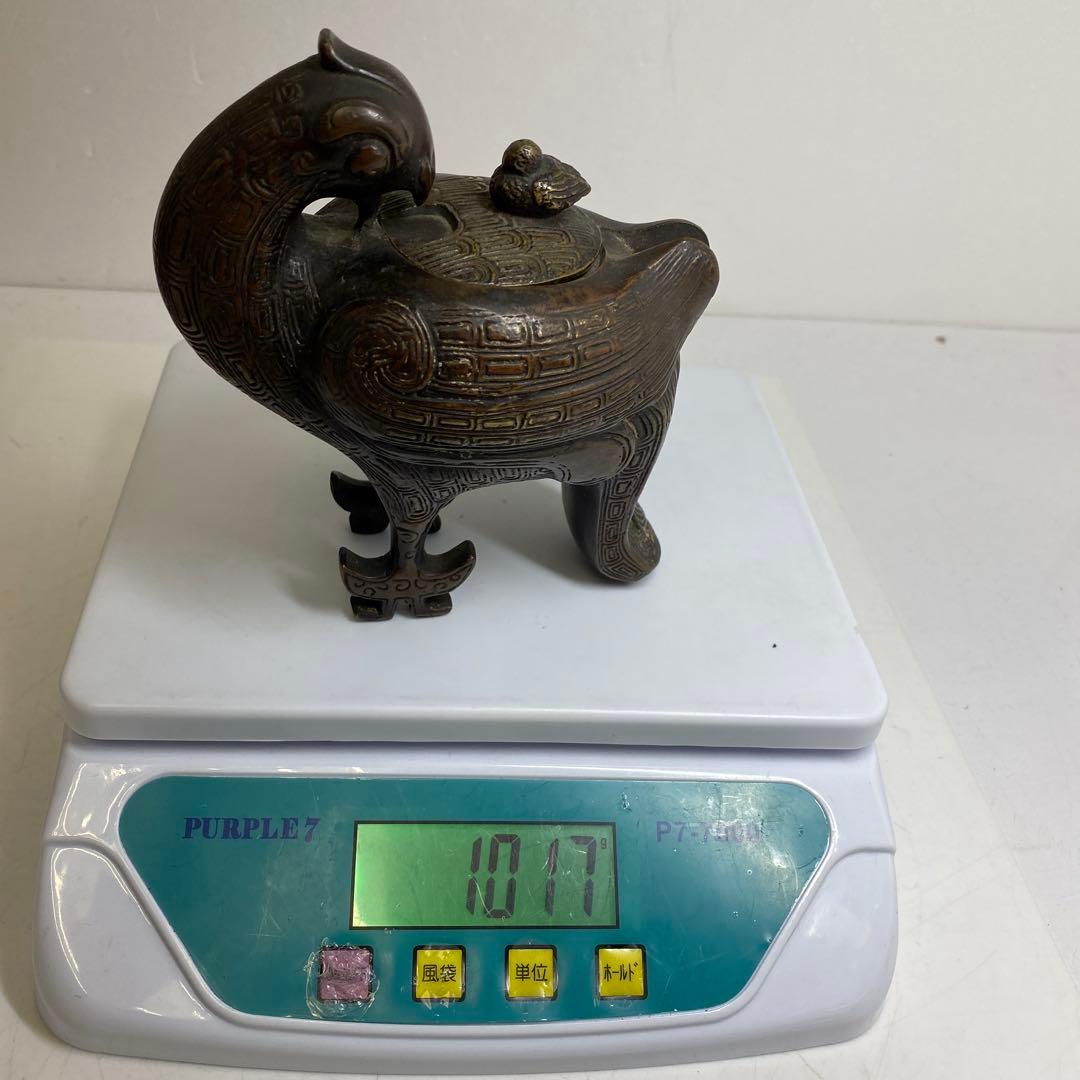中国古玩　古銅　鳳凰文　香炉　1017g 木箱付トニヒオ　東さ8-0328☆2F