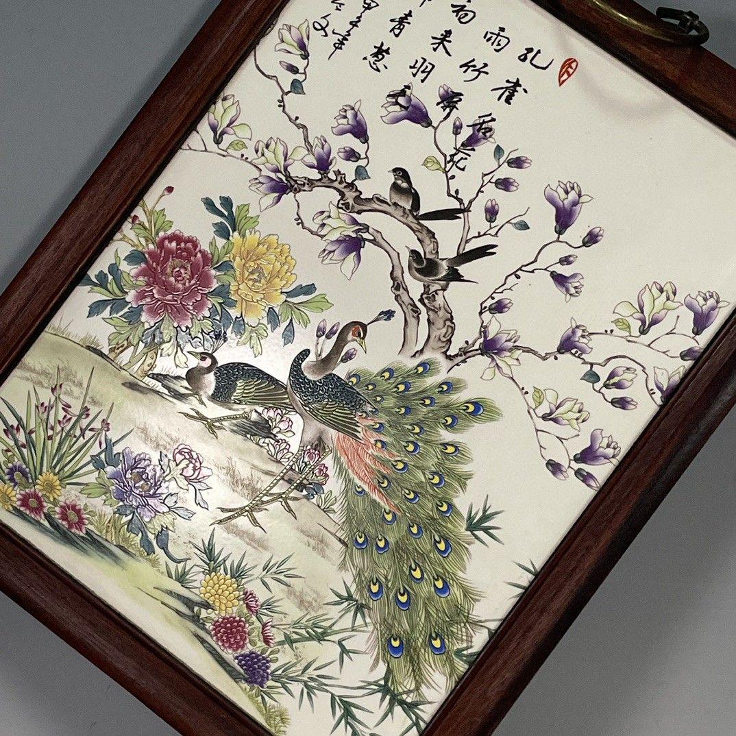 パステル色孔雀名花陶板画 掛け屏 応接間 玄関 景徳鎮陶磁器 装飾品 工芸品置物