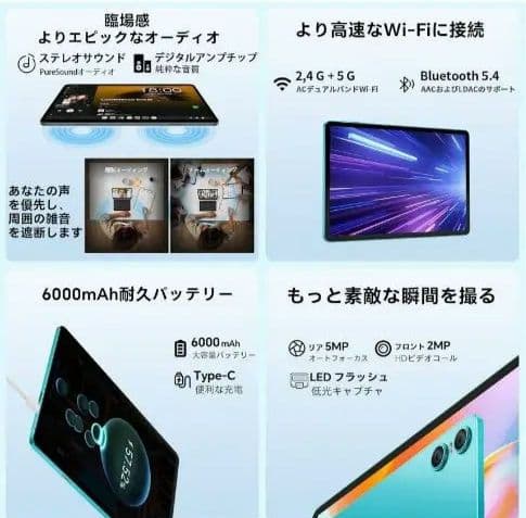 Android　タブレット　10インチ　 WiFi+BT5.0+GMS認証