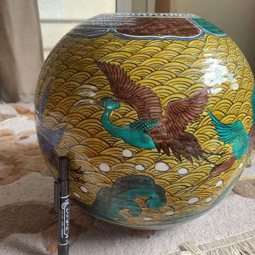 大きな九谷焼花瓶　壺　花器　手描き　花道　骨董　美術品