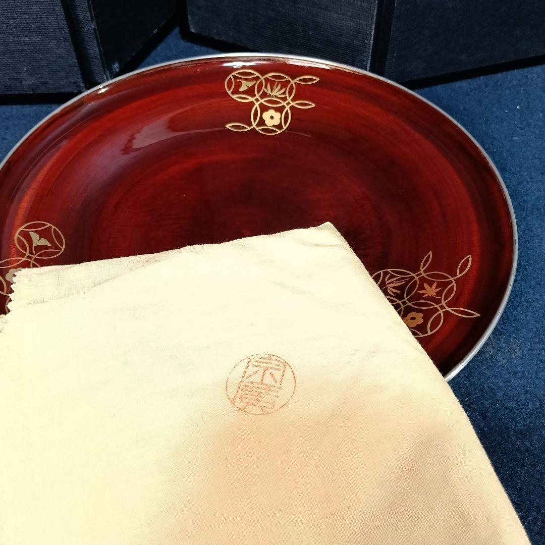 AP16 道場宗廣 山中塗 菓子器 銀 覆輪 四季七宝盆 共箱 共布 美品