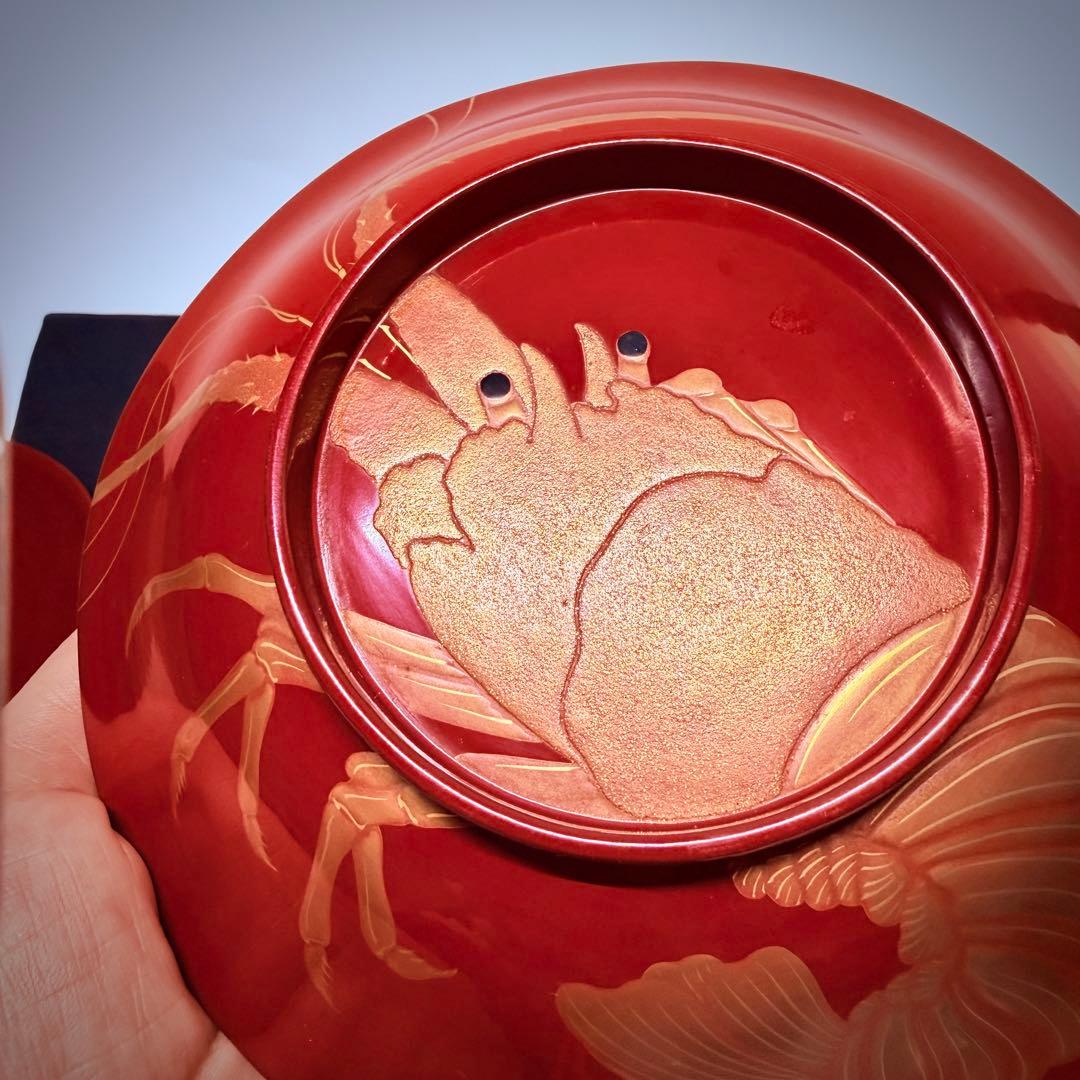 漆器輪島塗　金蒔絵金彩細工伊勢エビ図　木製　蓋付椀　お煮物椀　吸物椀　5客骨董品