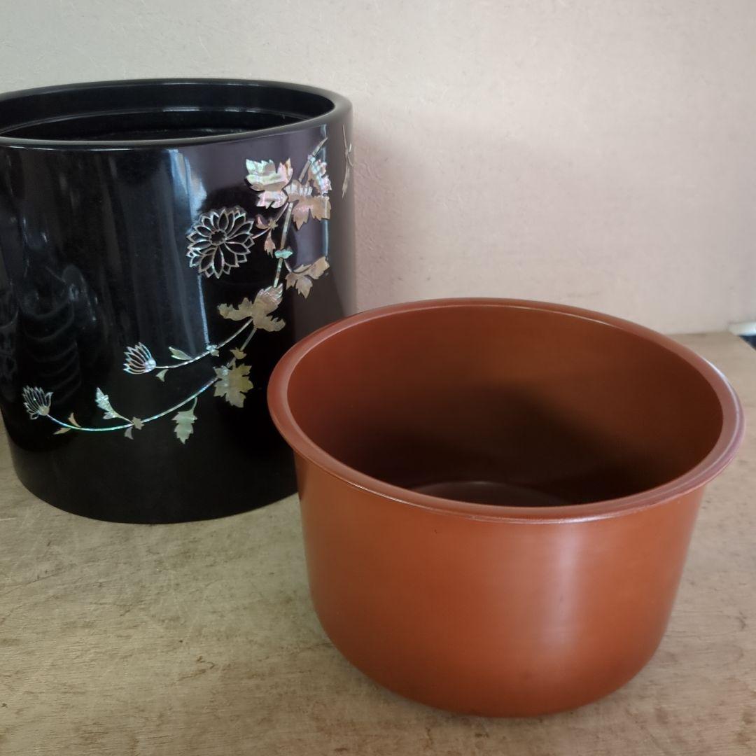 骨董 火鉢 螺鈿 花模様 木製 漆器 内側銅器 花入 鉢カバー 貝細工