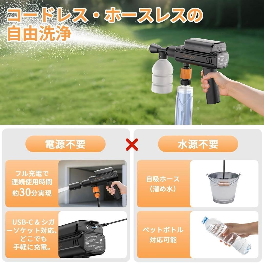 高圧洗浄機 ハンディ 高性能5in1ノズル 充電式 バッテリー式 折りたたみ式