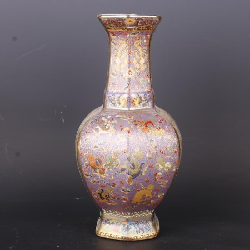 乾隆琺瑯彩蒔金方型賞瓶 花瓶 景徳鎮 陶磁器 装飾品 現代工芸品 美術品 置物
