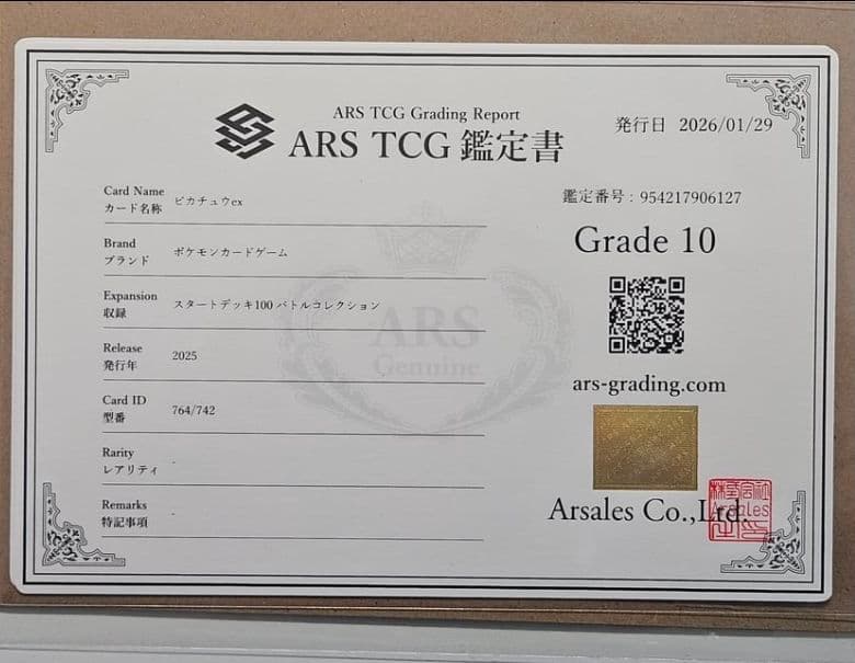 ピカチュウex ARS10 鑑定書 スタデ100 764/742 ポケカ