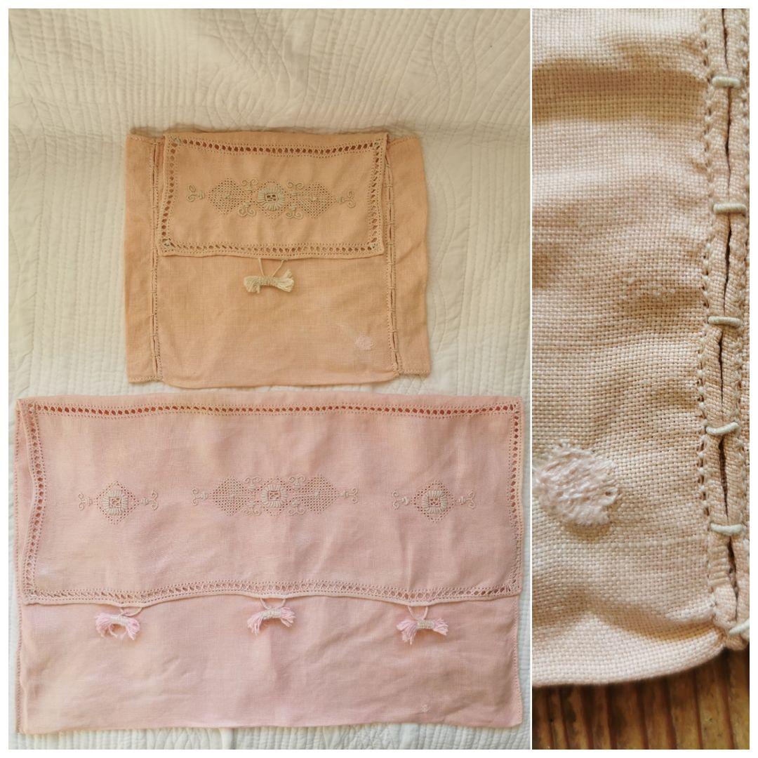 アンティーク 杏色蓋＆マチ付きランジェリー/ハンカチケース 盛上＆梯子レース刺繍