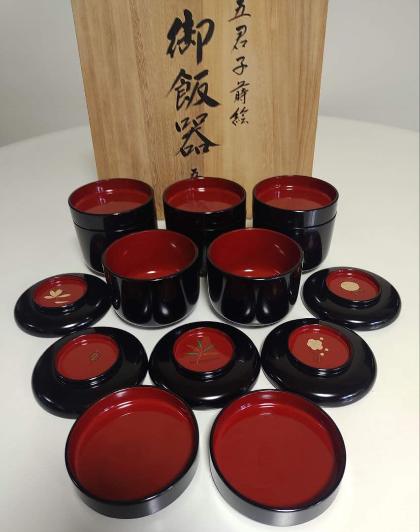 木製　五君子蒔絵　御飯器　5客セット