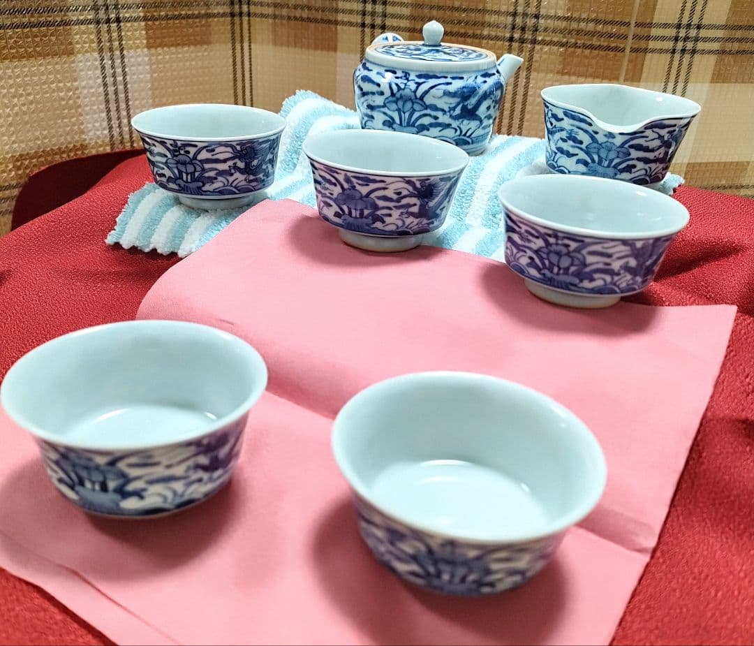 ○5388#0305　九谷焼アンティーク・レア茶道具茶器龍紋古染付セット0608