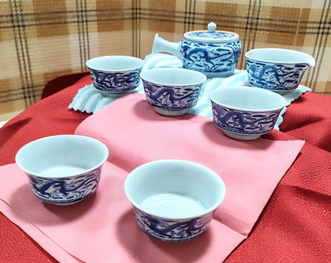 ○5388#0305　九谷焼アンティーク・レア茶道具茶器龍紋古染付セット0608