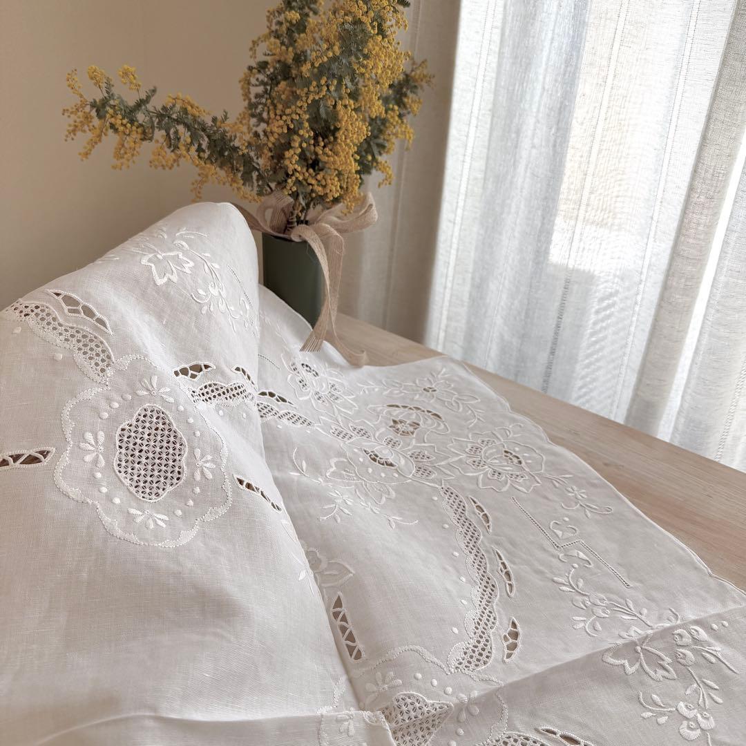 フランスヴィンテージカットワークドロンワーク手刺繍 リネンテーブルクロス
