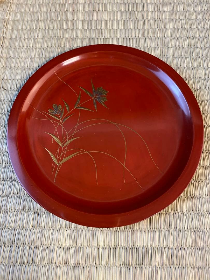 花草図菓子器一組5枚　漆器　￼時代美術　漆皿　蒔絵美術　時代木箱　漆菓子器