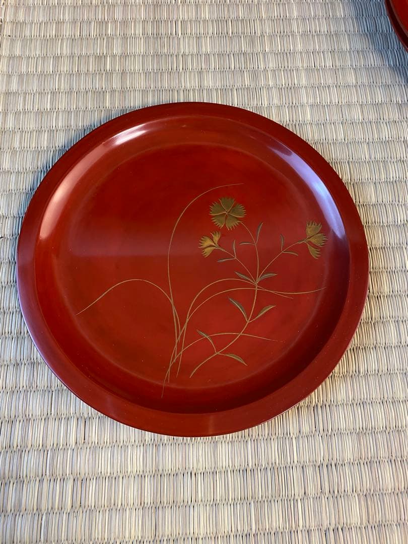 花草図菓子器一組5枚　漆器　￼時代美術　漆皿　蒔絵美術　時代木箱　漆菓子器
