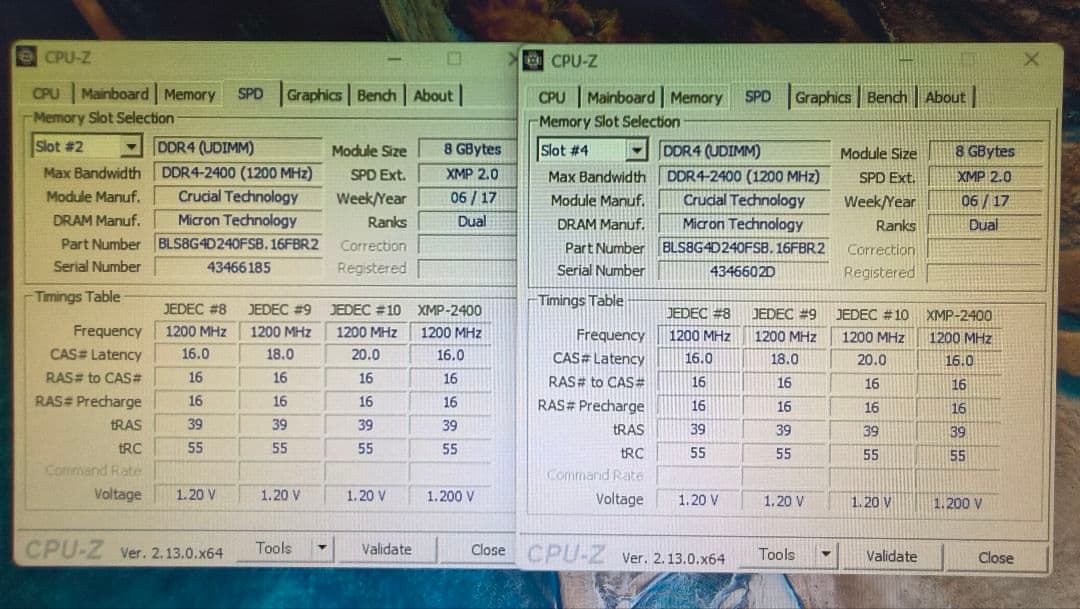 DDR4 8GBx2枚 16GB pc4-2400 動作確認済み ②