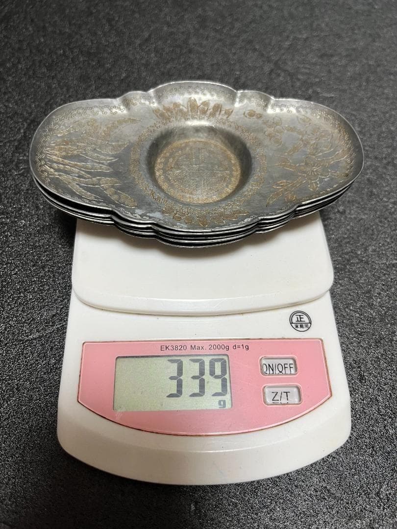 中国美術 古錫　茶托 五客　総重339g 錫 刻花卉寿字紋茶托・托子 煎茶道具