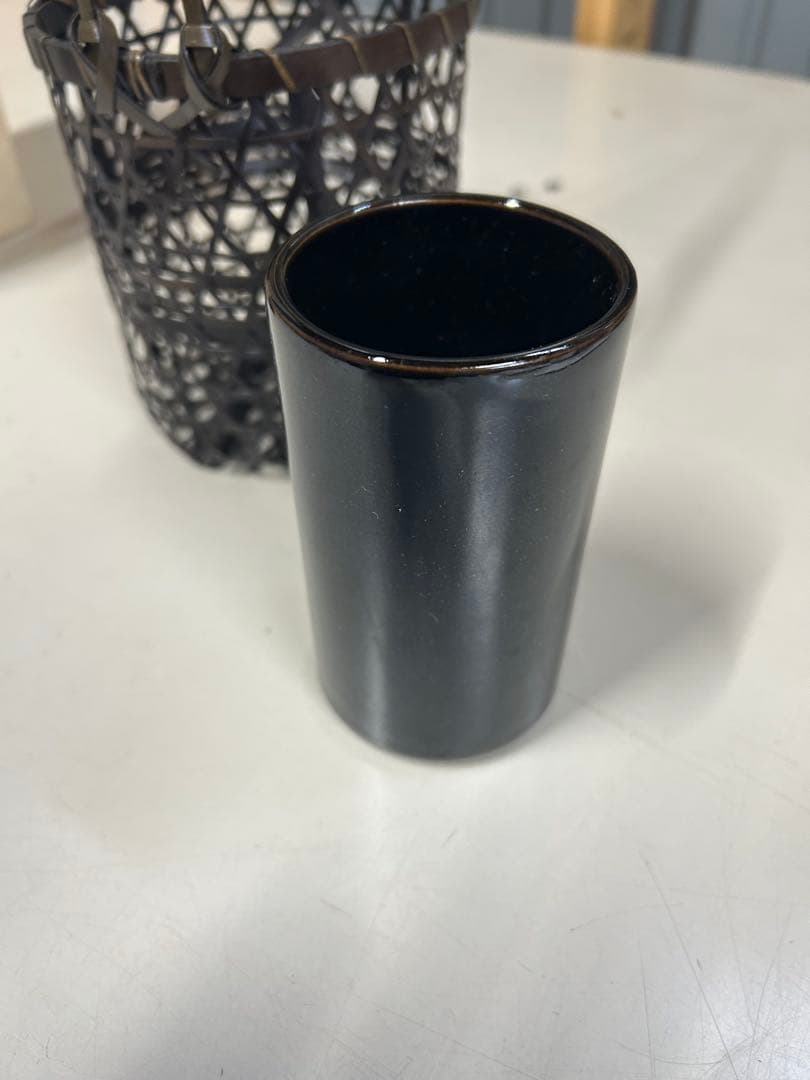 竹製黒提灯 網目模様 箱付き　風流　花瓶？