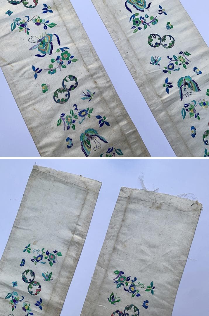 【繍】　★ 織繍 白色地花蝶紋挽袖 1対 ★　清代　花卉胡蝶 刺繍文様　明清繍品