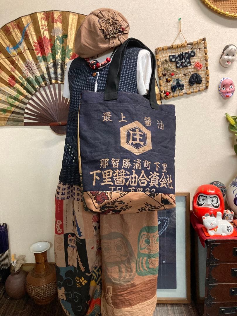 酒屋の前掛け生地等の柿渋染めトートバッグ　　　古布リメイク