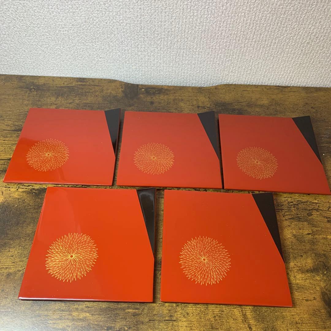 E-1 【極美品】伝統工芸 漆器 銘々皿 5枚セット 朱塗り 菊蒔絵 菓子皿